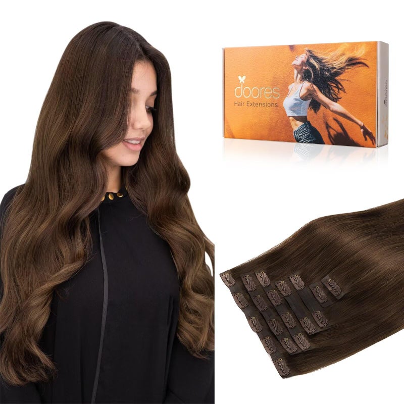 DOORES Clip in Hair Extensions Seamless Chocolate Brown 18 Inch 110g 7pcs Human Hair Extensions Seamless Clip ins Remy Hair Straight Human Hair for Women Invisi Edge Hair Extensions